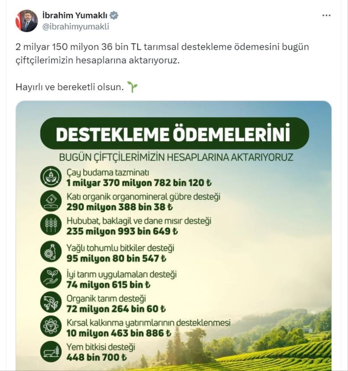 Tarım ve Orman Bakanı Yumaklı, 2 Milyar TL Tarımsal Destekleme Ödemesini Çiftçilere Aktardı TARIM ve Orman Bakanı İbrahim Yumaklı, 2 milyar 150 milyon