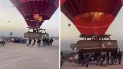 Kapadokya’da sıcak hava balonu, yükselmeye başladığı sırada park halindeki otomobile