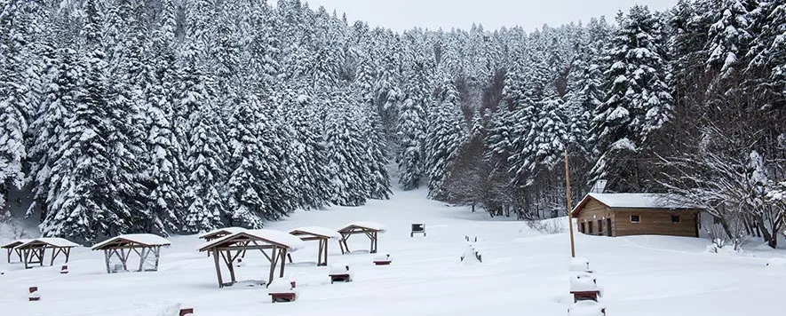 Bolu’nun büyüleyici doğasında, kışın beyaza bürünmüş dağlar ve sakin gölet