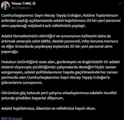 Cumhurbaşkanı Erdoğan'dan müjde: Adalet Bakanlığı'na 20 bin yeni personel alımı