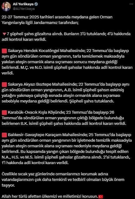 İçişleri Bakanı Ali Yerlikaya: Orman yangınlarına ilişkin 3 kişi tutuklandı
