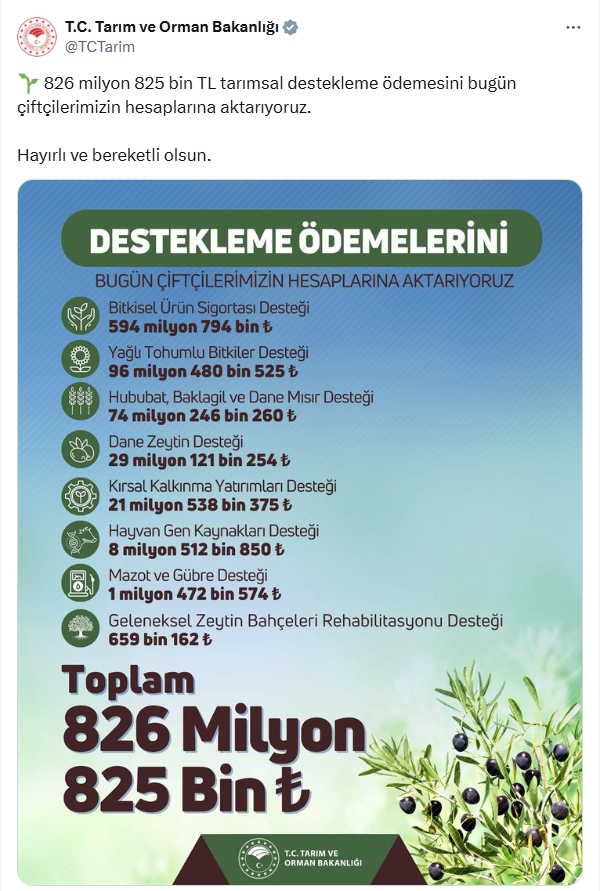 Bakanlıktan tarımda nakit destek: Çiftçiye 826 milyon TL ödeme yapıldı