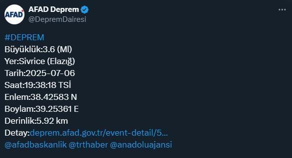 Elazığ Sivrice'de 3.6 büyüklüğünde deprem