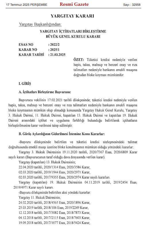 Yargıtay kararı: Kredi çeken emeklilerin maaşlarına da bloke konabilecek