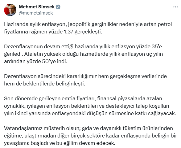 Enflasyon rakamları açıklandı, Bakan Şimşek'ten umut dolu mesaj geldi