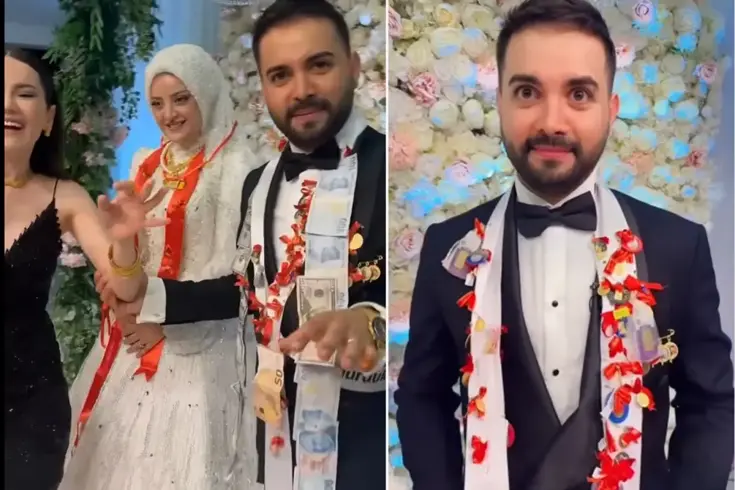 Sunucu Kadir Ezildi, Gamze Türkmen'le olan düğününde adeta altınlarla buluştu.