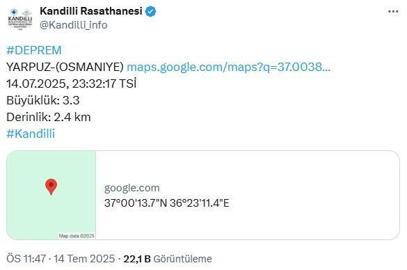 Osmaniye'de 3.3 büyüklüğünde deprem