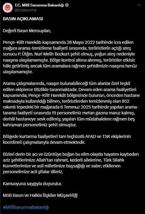 MSB acı haberi duyurdu! Mağarada metan gazından zehirlenen 5 askerimiz şehit oldu