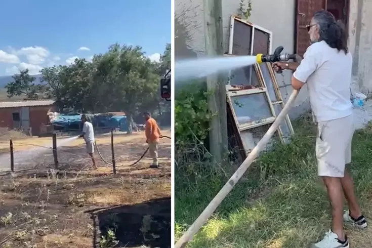 Çanakkale'nin Bayramiç ilçesinde bir evin bahçesinde çıkan yangını söndürmek için
