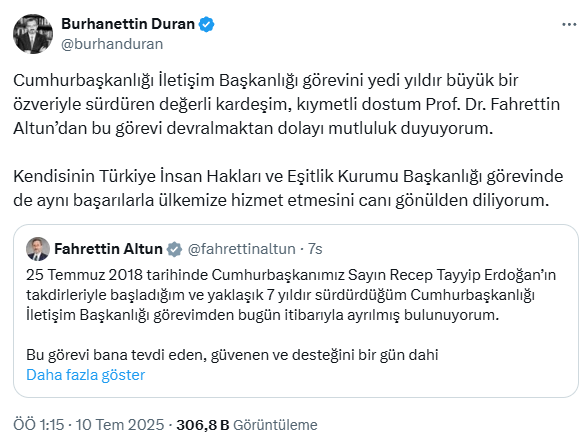 İletişim Başkanlığı görevine getirilen Burhanettin Duran'dan mesaj var