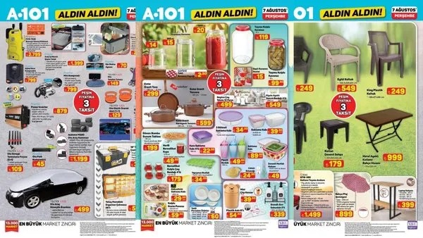 A101 marketlerinin 7 Ağustos 2025 tarihli aktüel kataloğunda yer alan