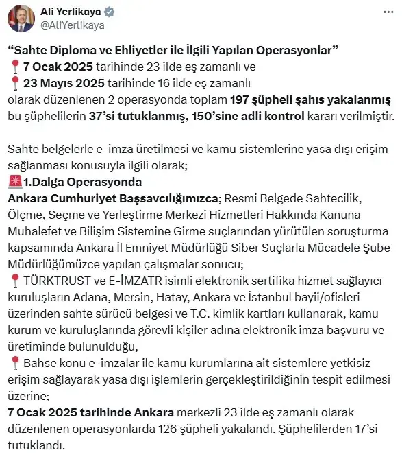 Yerlikaya'dan sahte diploma skandalına ilişkin açıklama
