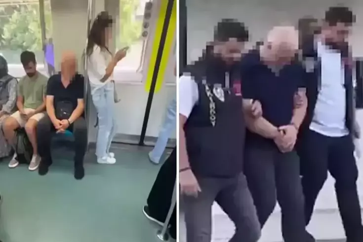 İstanbul Marmaray'da seyahat eden bir erkek, trende oturan ve sırtı