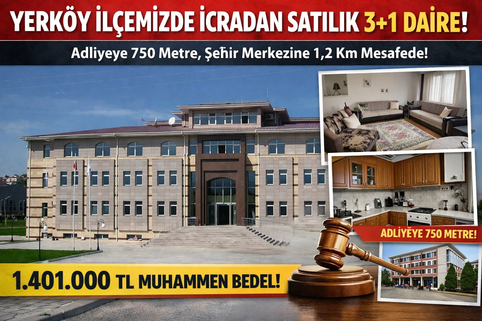 Yerköy ilçemizde icra yoluyla satışa çıkarılan 3+1 daire, 1 milyon