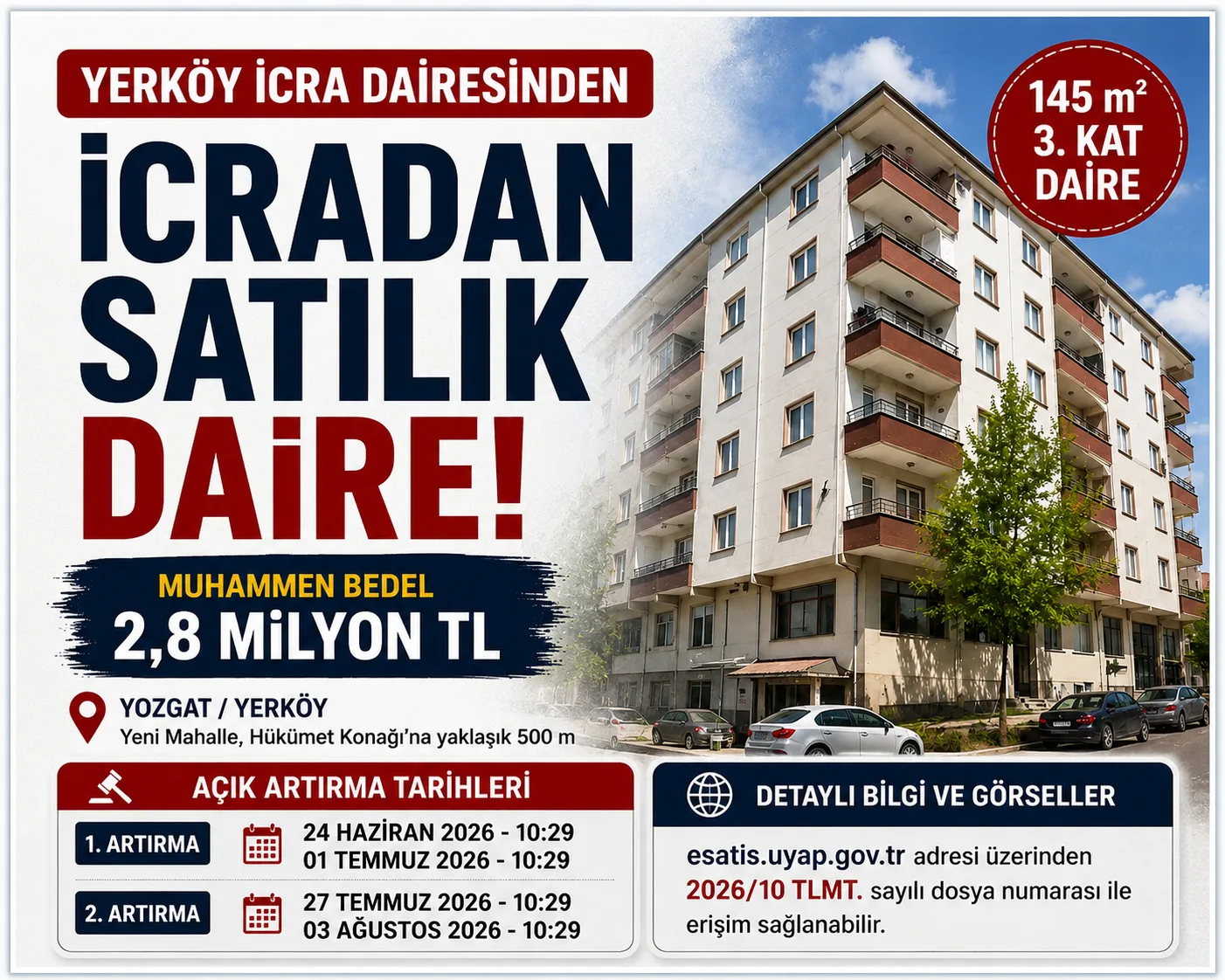 Yozgat’ın Yerköy ilçesinde bulunan 145 metrekarelik daire, icra yoluyla satışa